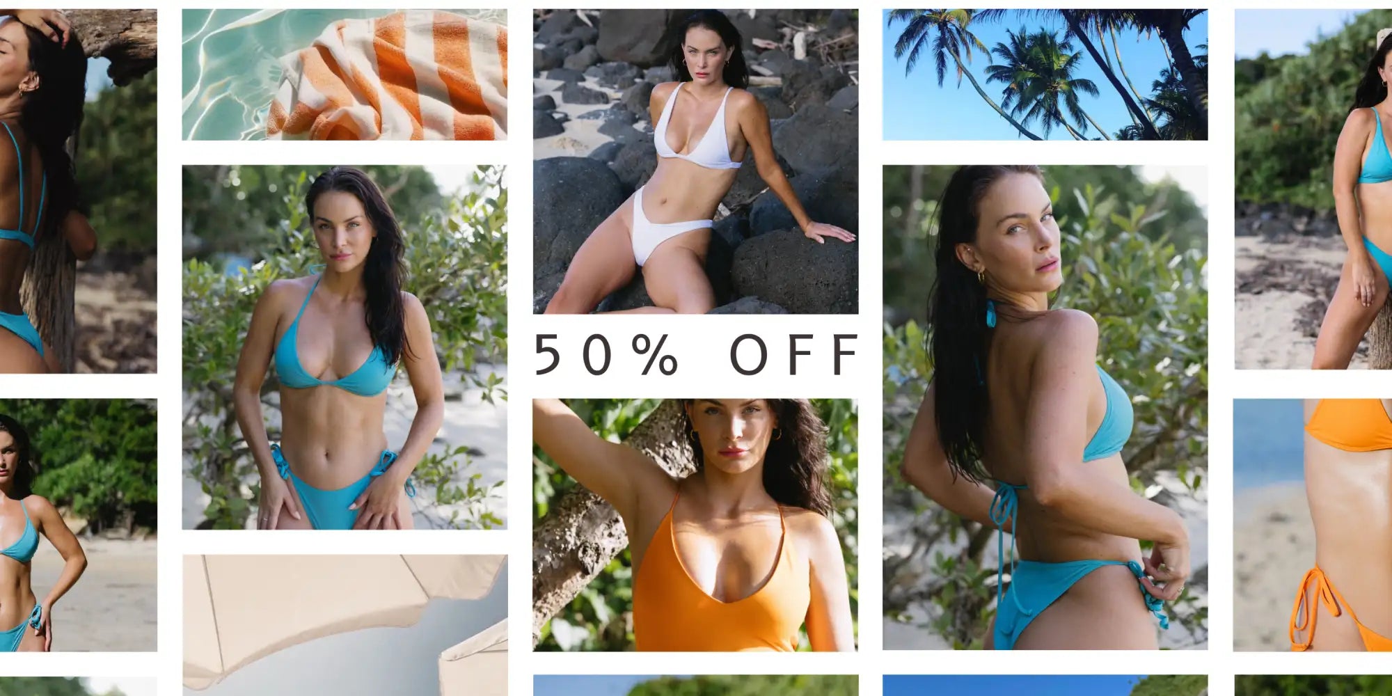 A collection of women’s bikinis in various vibrant colors including turquoise, orange, and white.